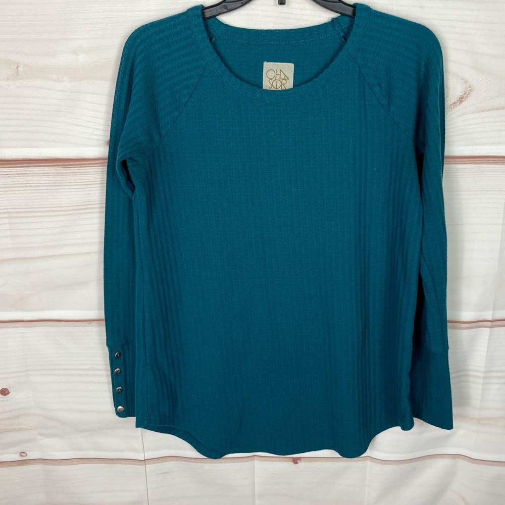 Chasor Top Women M Green Waffle Knit Thermal T-Shirt Long Sleeve Scoop Neck Knit